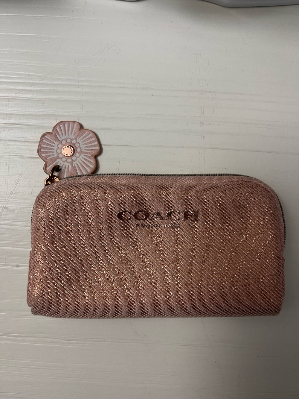 COACH Rose Gold Metallic Zip Cosmetic Pouch with Floral Charm